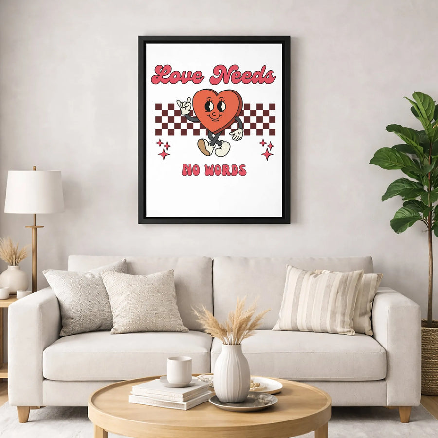 Love Needs No Words Canvas Wall Art | Retro Cartoon Heart Illustration | Premium Fade-Resistant Gallery Wrap | Romantic Home Decor Gift