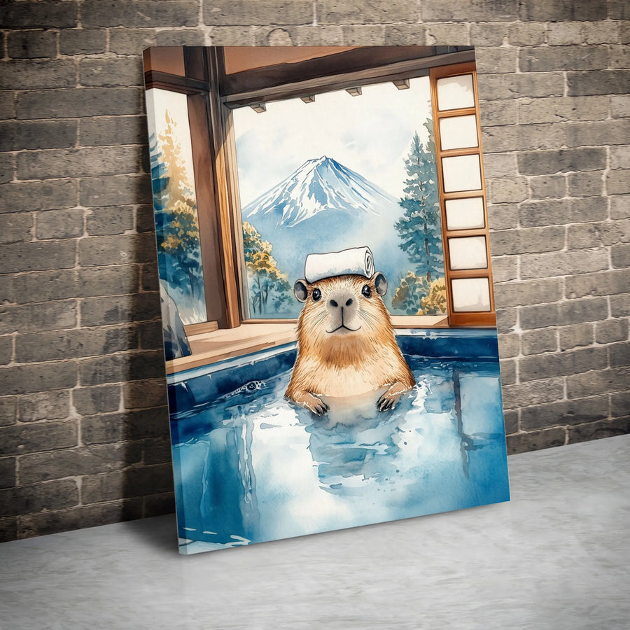 Capybara Wall Art | Watercolor Japanese Onsen With Mount Fuji | Premium Gallery Wrap Canvas | Cute Animal Home Decor Gift