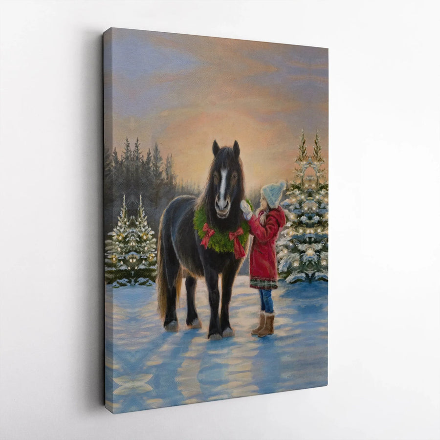 Horse Christmas Canvas Wall Art | Girl Petting Horse in Snowy Forest Scene | Gallery-Wrapped Premium Print | Holiday Decor Gift for Horse Lovers