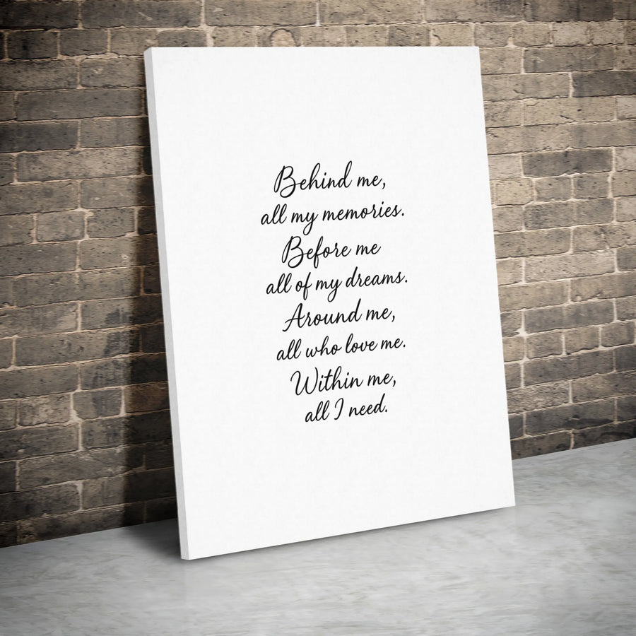 Inspirational Quote Canvas Wall Art | Behind Me All My Memories Phrase | Premium Gallery Wrapped Print | Minimalist Home Decor Gift for Her