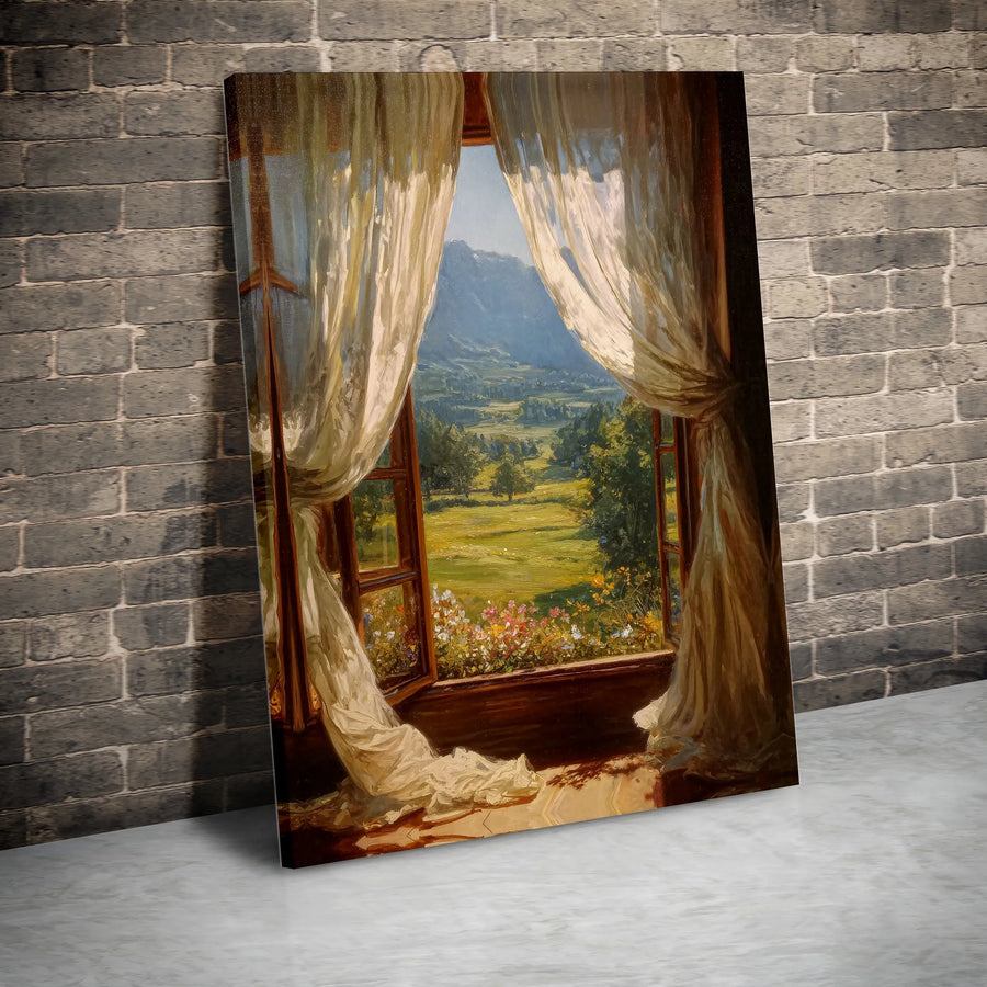 Open Window Canvas Wall Art | Vintage Countryside Landscape Painting | Premium Frameless Canvas Print | Gift for Nature Lover, Living Room Decor