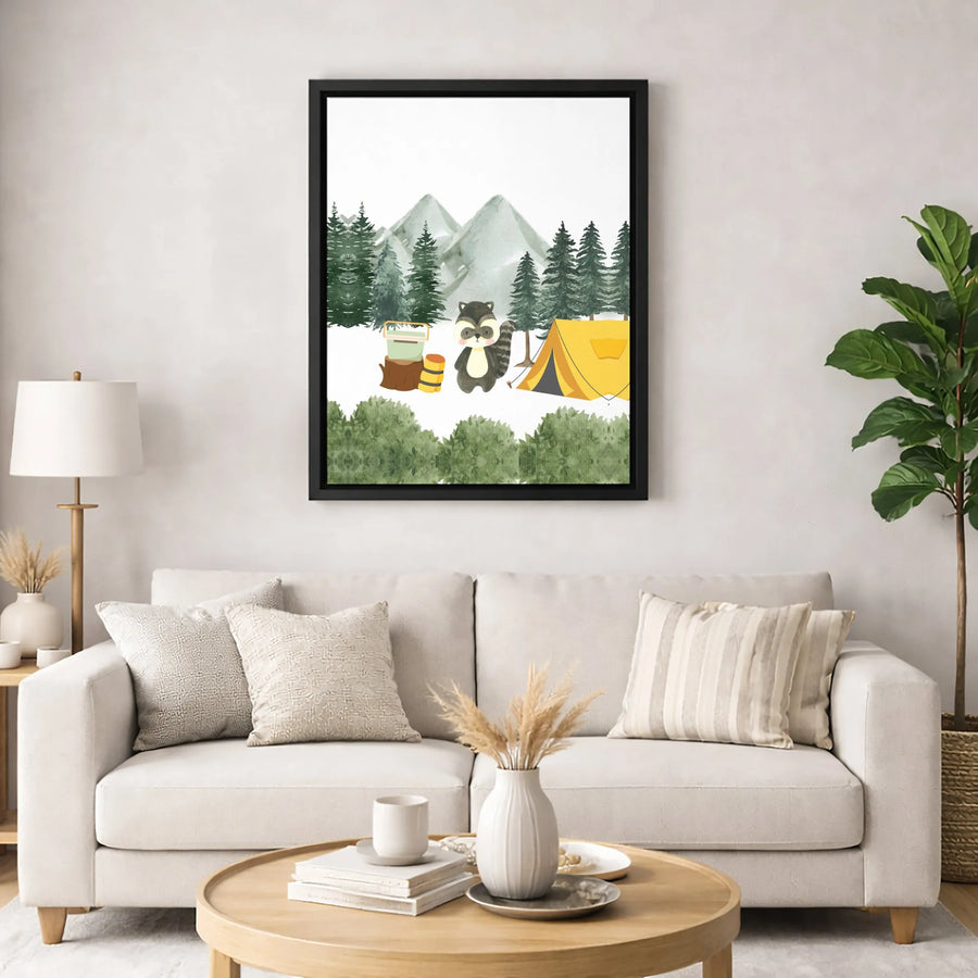 Cute Raccoon Camping Canvas Print | Watercolor Forest Adventure Wall Art | Premium Gallery-Wrapped Decor | Perfect Nursery & Kids Room Gift