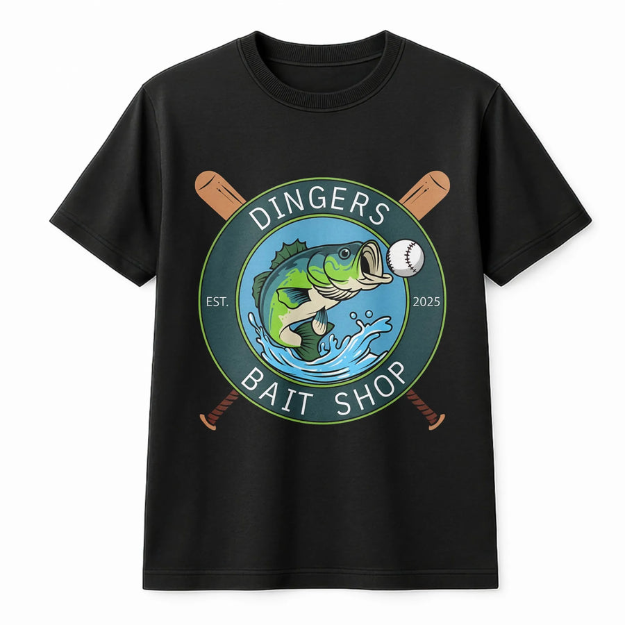 Dingers Bait Shop T-Shirt | Funny Baseball Fishing Mashup Graphic | Premium Soft Cotton Tee | Unique Gift for Fisherman and Baseball Dad