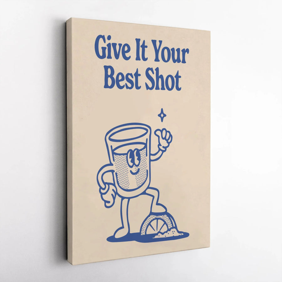 Give It Your Best Shot Canvas Art | Retro Cartoon Bar Decor | Premium Fade-Resistant Gallery Wrap | Fun Home Kitchen Wall Decor Gift