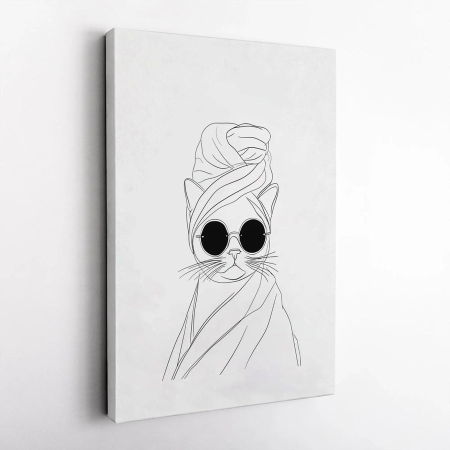 Cat in Towel and Sunglasses Canvas Wall Art | Minimalist Line Drawing | Premium Gallery-Wrapped 1.25 Inch Profile | Fun Bathroom Home Decor Gift