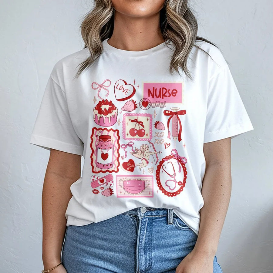 Nurse Valentine T-Shirt | Coquette Aesthetic Medical Doodle Print | Premium Soft Cotton Tee | Cute Gift for Nurses and Nursing Students