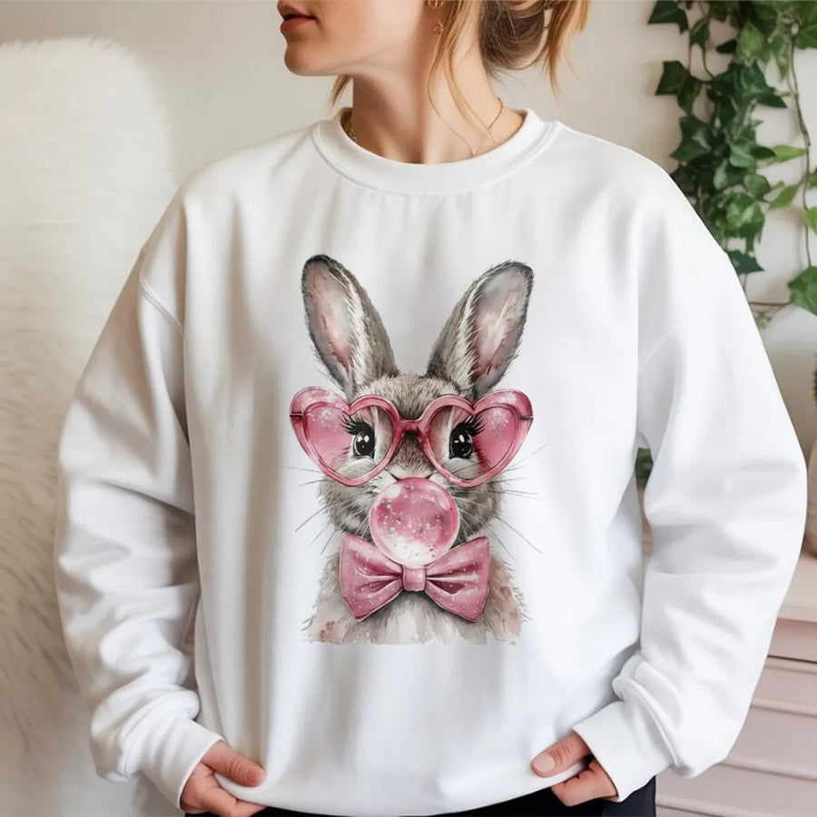 Easter Bunny Sweatshirt | Cute Rabbit Heart Glasses Bubble Gum Design | Premium Cotton Blend | Gift for Women and Kids