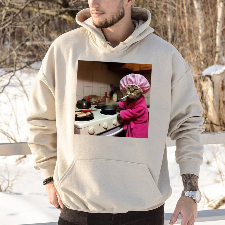 Funny Cooking Cat Hoodie | Sassy Kitty In Pink Robe Graphic | Premium Cotton-Blend Sweatshirt | Quirky Gift For Cat Lovers And Meme Fans