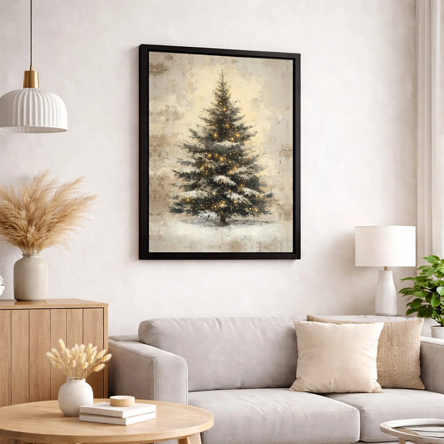 Vintage Snowy Christmas Tree Canvas | Warm Fairy Light Wall Art | Premium 1.25 Inch Gallery Wrap | Festive Holiday Home Decor Gift