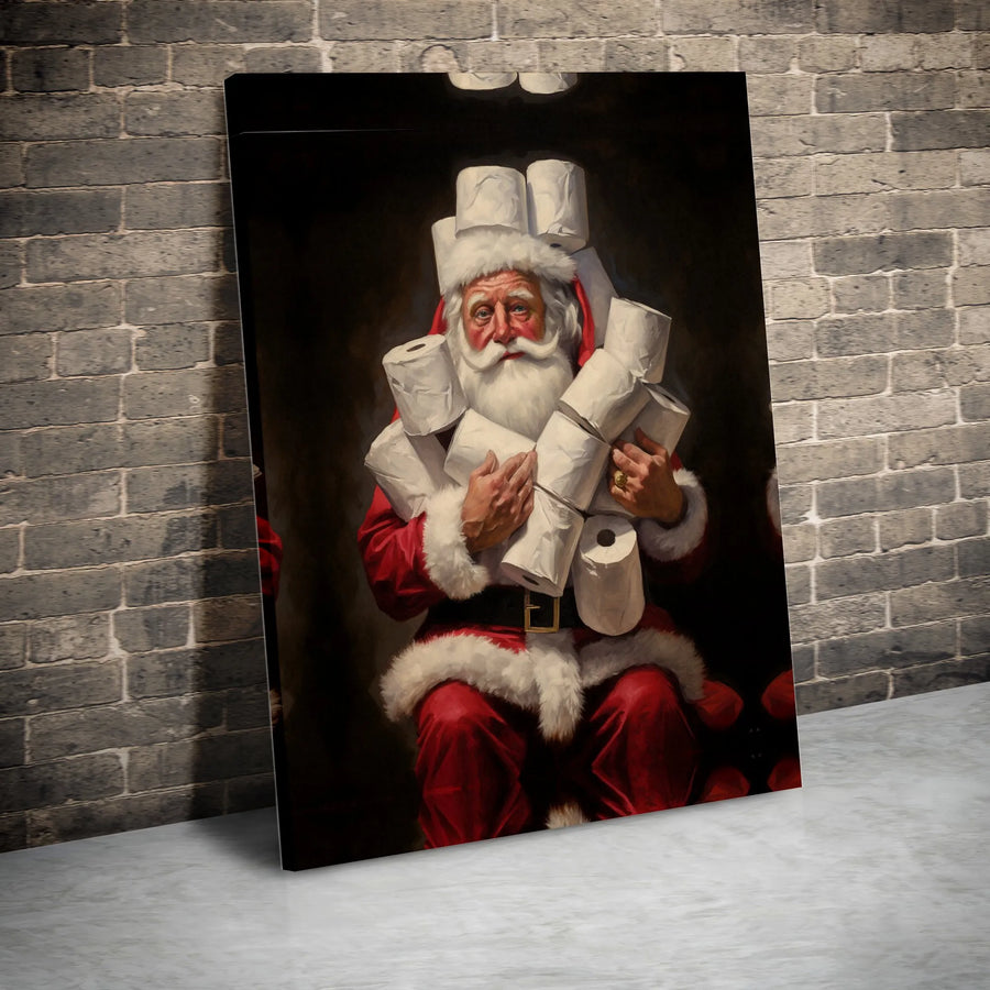 Funny Santa Claus Toilet Paper Hoarding Wall Art | Classical Oil Painting Style | Premium 1.25" Thick Gallery Canvas | Unique Holiday Gag Gift