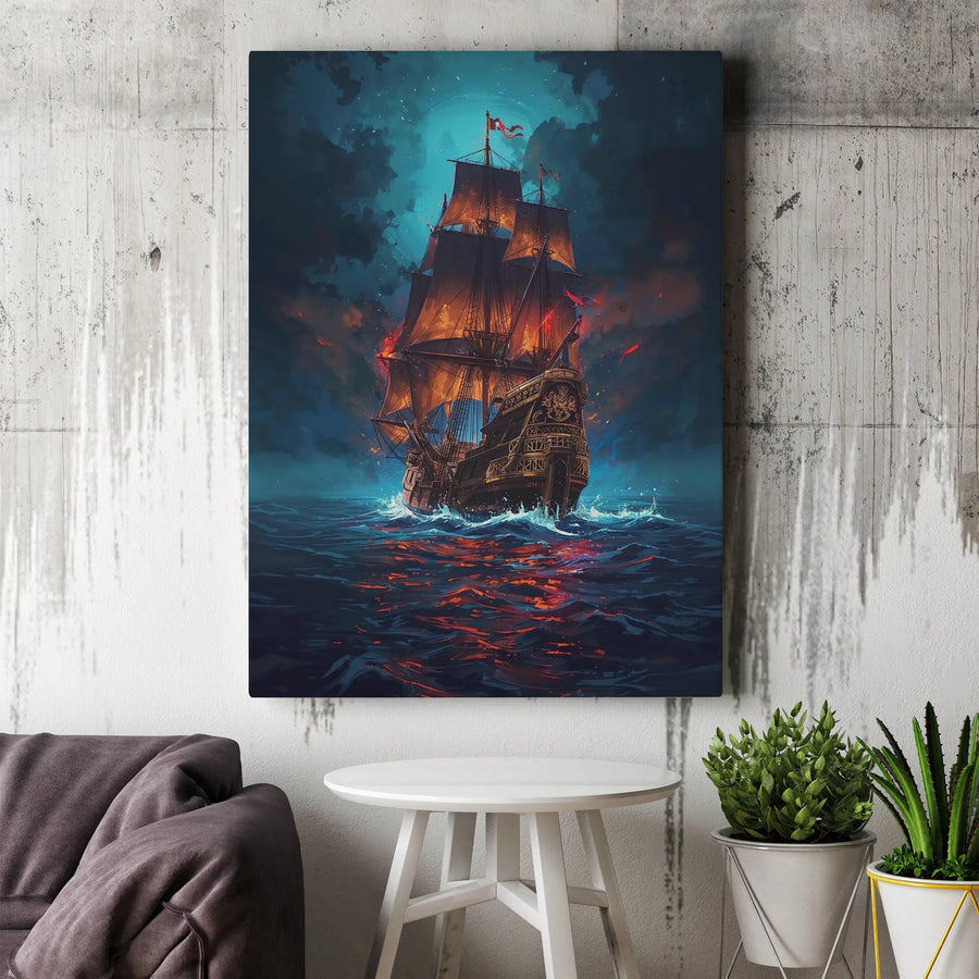 Pirate Ship Canvas Wall Art | Fantasy Ghost Ship at Night | Premium Thick Gallery Wrap | Nautical Home Decor Gift