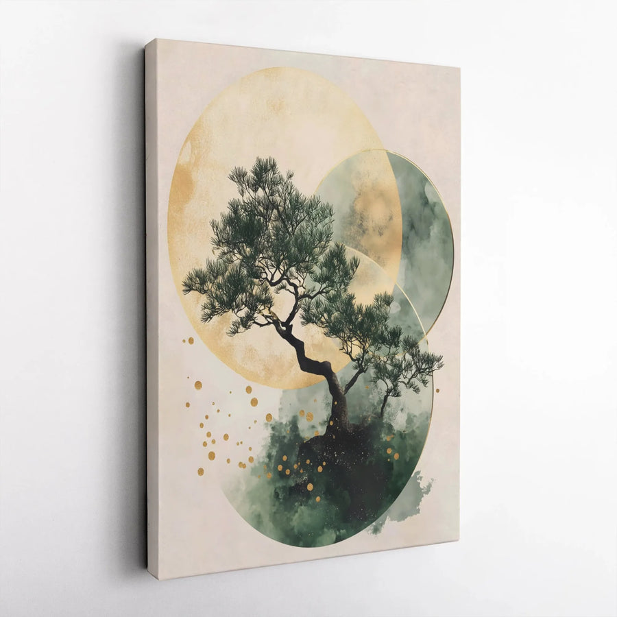 Bonsai Tree Canvas Wall Art | Japandi Abstract Gold and Green Circles | Premium Gallery-Wrapped Print | Minimalist Home Decor Gift
