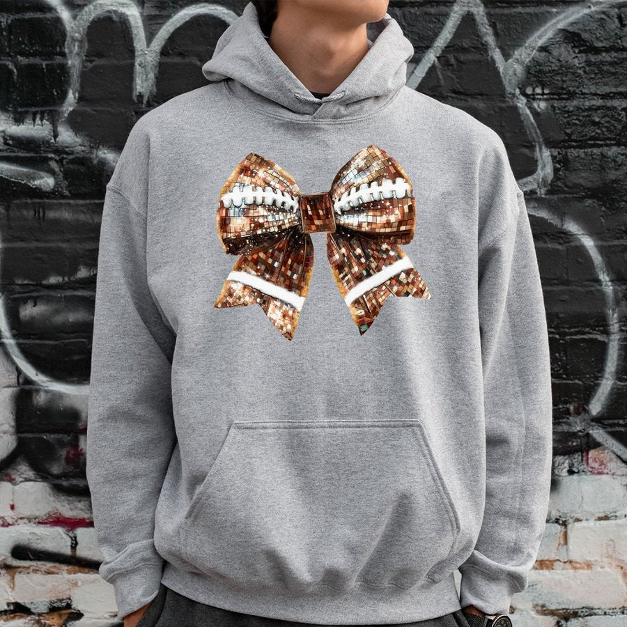 Disco Ball Bow Football Hoodie | Retro Sequin Aesthetic Graphic | Cotton-Poly Premium Blend | Gift for Football Mom and Game Day Fans