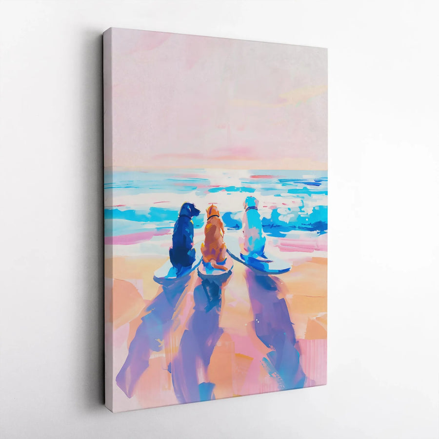 Three Dogs On Surfboards Canvas Art | Beach Impressionist Painting | Premium Gallery-Wrapped Print | Dog Lover Gift For Home Decor
