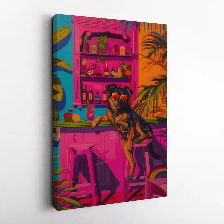 Tropical Cocktail Bar Dog Wall Art | Funky Sunset Pink Aesthetic Decor | Premium Gallery Wrap Canvas | Unique Gift for Dog Lovers & Bar Decor