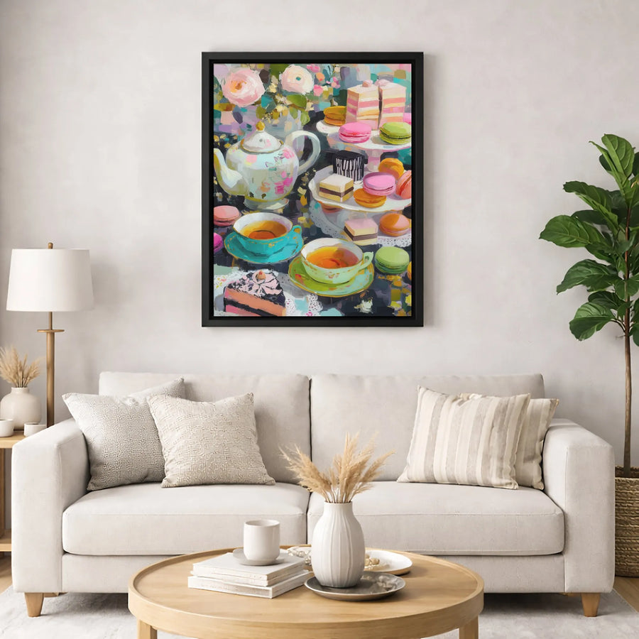 Afternoon Tea Party Canvas Art | Impressionist Dessert & Flowers Painting | Premium 1.25" Gallery Wrap | Kitchen Decor Gift for Tea Lovers