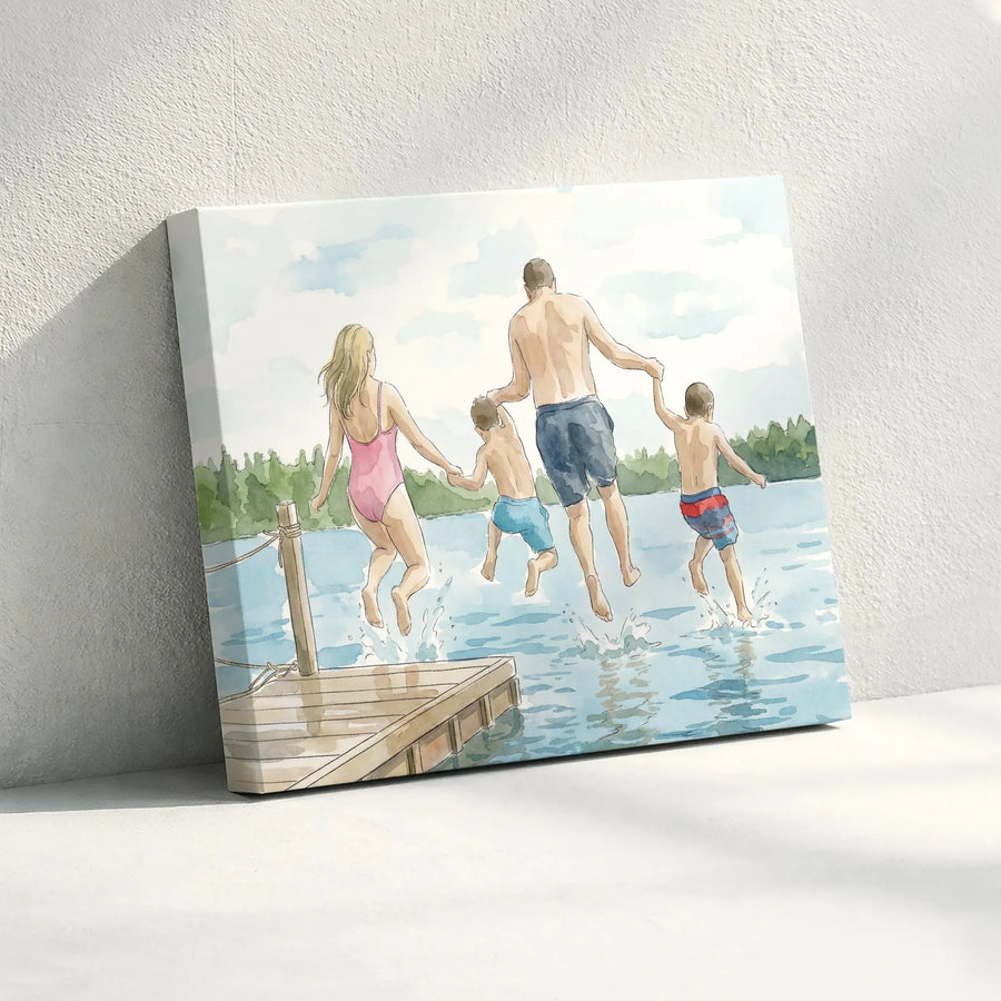 Family at the Lake Canvas Wall Art | Watercolor Family Jumping Off Dock Scene | Premium Gallery Quality Canvas | Gift for Lake House or Family Home Decor