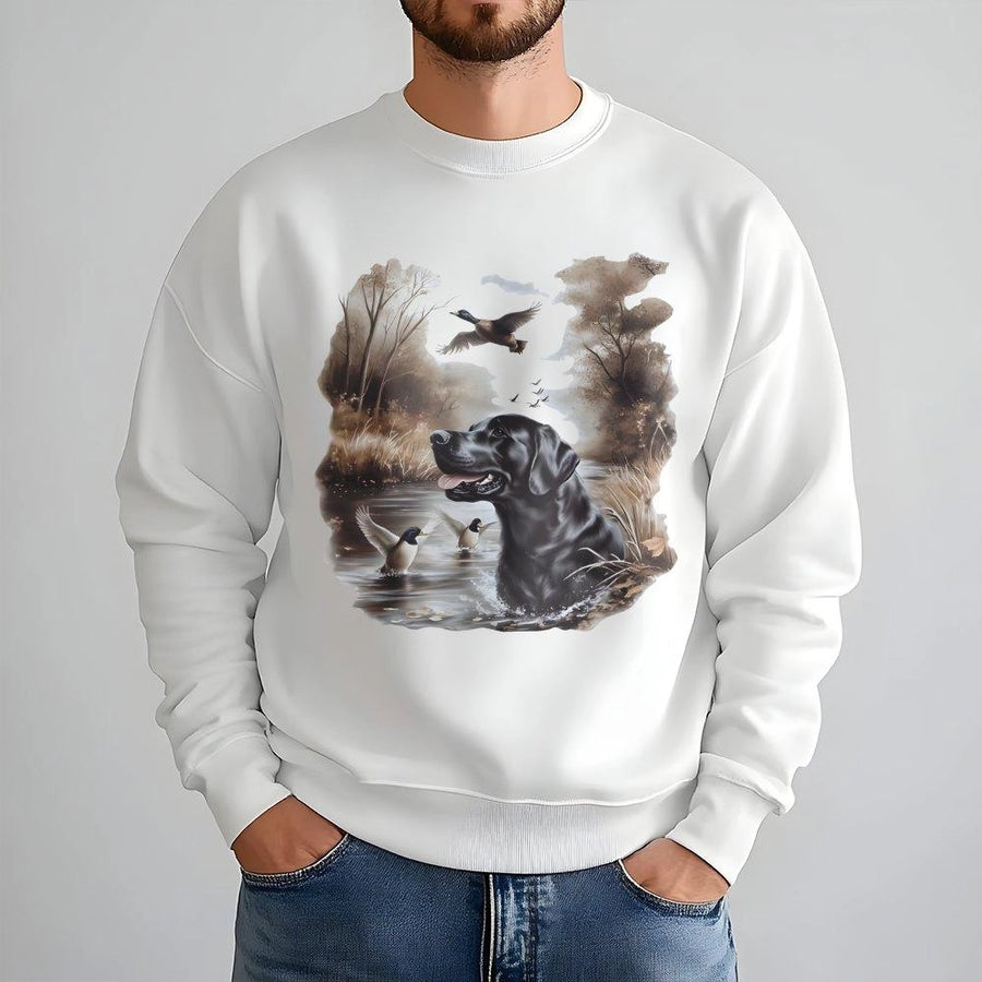 Black Labrador Sweatshirt | Watercolor Hunting Dog Mallard Ducks Art | Premium Unisex Pullover | Wildlife Nature Lover Gift