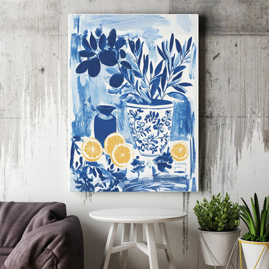 Blue and White Still Life Canvas Art | Mediterranean Lemon Kitchen Wall Decor | Premium Fade-Resistant Gallery Wrap | Elegant Home Gift