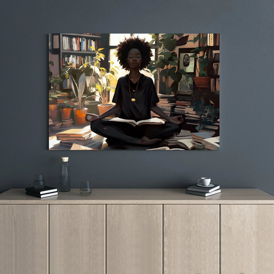 Black Woman Meditating Wall Art | Zen Library Books and Plants Print | Premium 1.25" Gallery Wrap Canvas | Mindfulness Gift for Readers