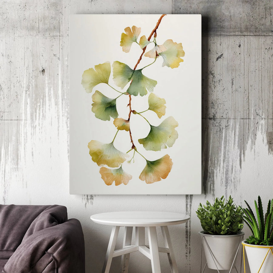 Ginkgo Biloba Canvas Wall Art | Watercolor Autumn Leaf Botanical Print | Gallery Wrapped Premium Material | Modern Nature Decor Gift