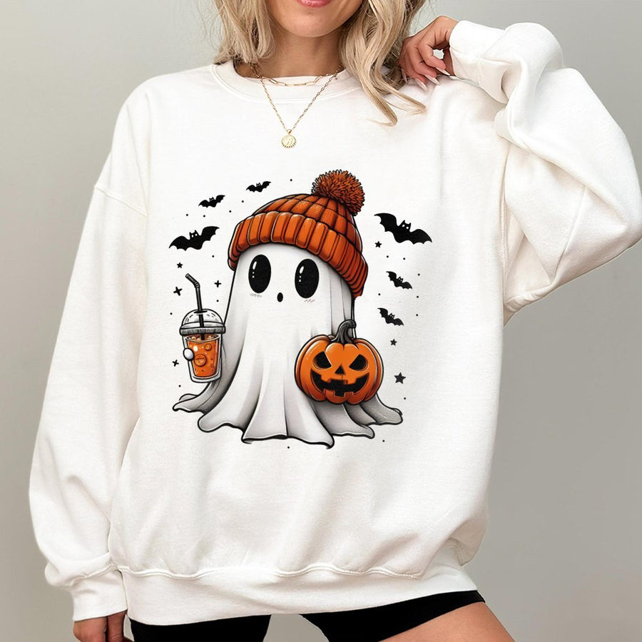 Cute Ghost Sweatshirt | Pumpkin Spice Coffee Spooky Season Graphic | Premium Cotton Blend | Unisex Halloween Gift for Women