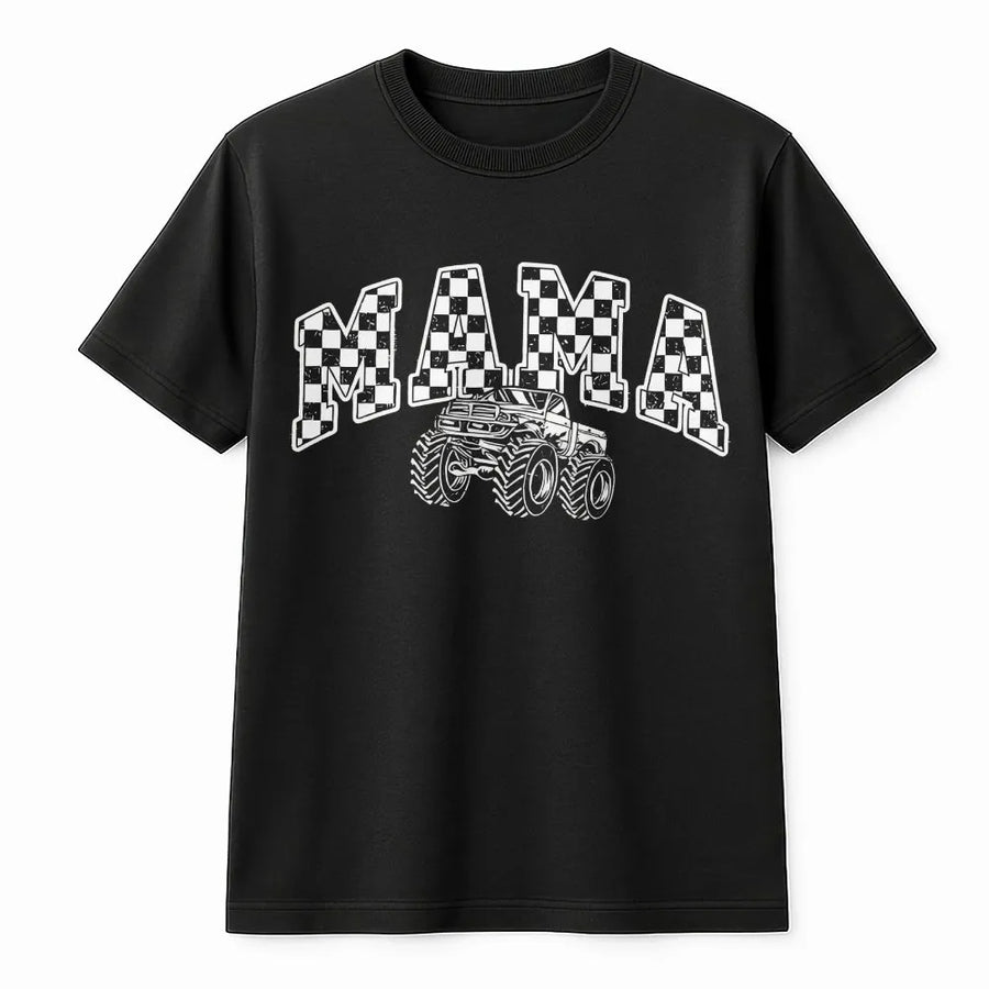 Monster Truck Mama Shirt | Checkered Flag Graphic Tee | Premium Soft Cotton | Birthday Gift for Mom, Trendy Truck Lover Apparel