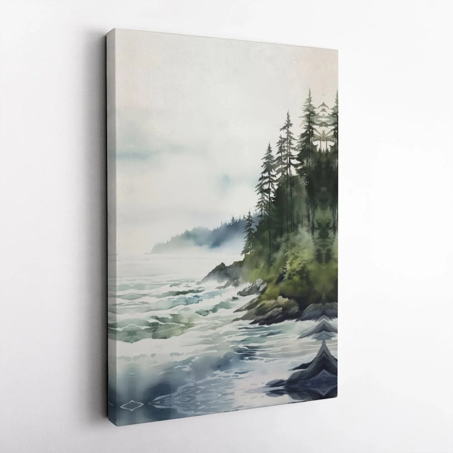 Misty Forest Coastline Canvas Art | Watercolor Seascape with Pine Trees | Premium Gallery Wrapped Print | Nature Lover Gift for Living Room Decor