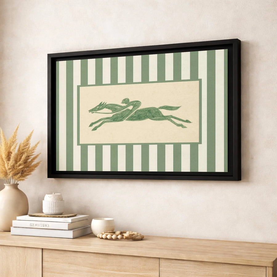 Equestrian Wall Art | Sage Green Striped Racehorse Jockey Print | 1.25-Inch Gallery Wrapped Premium Canvas | Classic Home & Office Decor