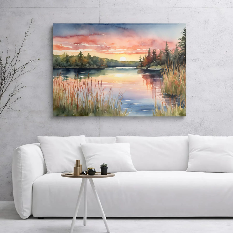 Watercolor Lake Sunset Canvas Print | Nature Landscape Wall Art | Gallery Wrapped Premium Canvas | Serene Home Decor For Living Room Bedroom