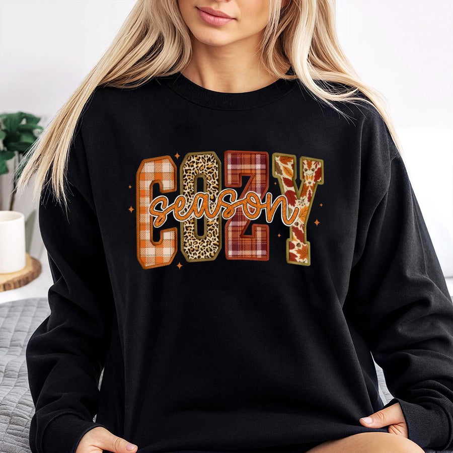 Cozy Season Sweatshirt | Plaid and Leopard Fall Graphic Print | Premium Cotton Blend | Gift for Her Autumn Aesthetic Lounge Wear