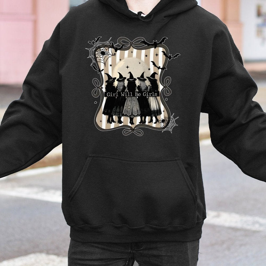 Witch Squad Hoodie | Girls Will Be Girls Vintage Halloween Graphic | Premium Cotton Blend | Spooky Fall Gift for Women & Teens