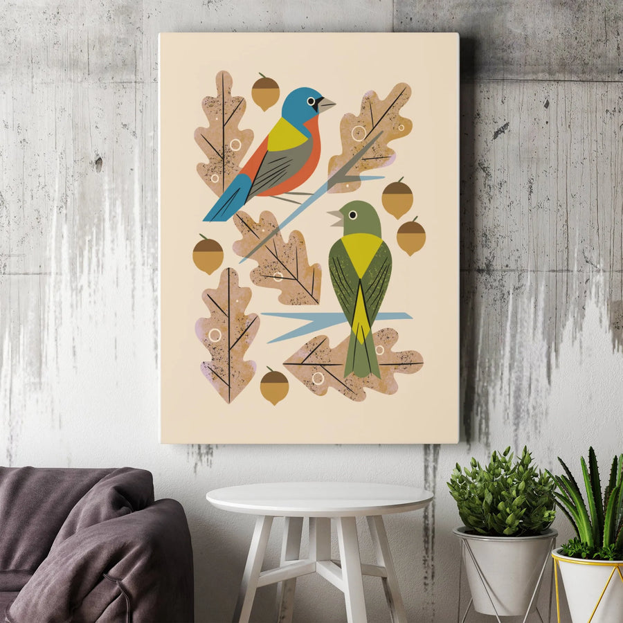 Painted Bunting Canvas Print | Modern Bird & Oak Leaf Artwork | Premium Gallery Wrap Canvas | Gift for Nature Lover & Home Decor