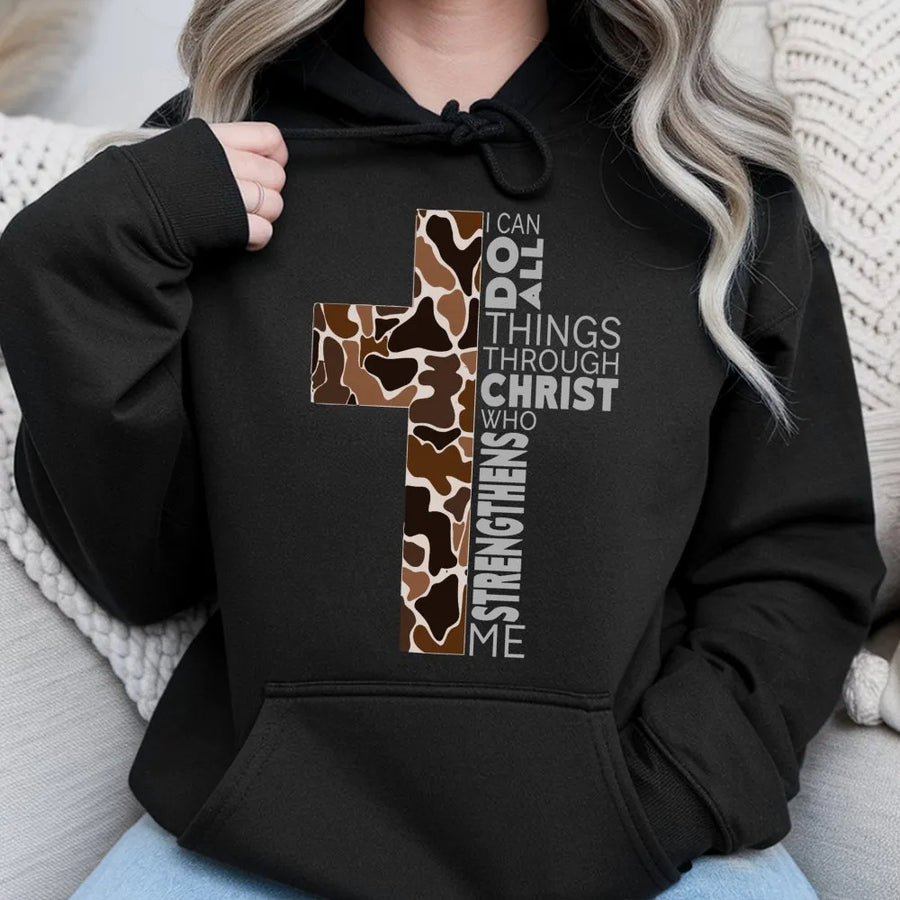 I Can Do All Things Through Christ Hoodie | Leopard Print Cross Design | Premium Cotton Blend | Christian Gift For Her Faith Apparel