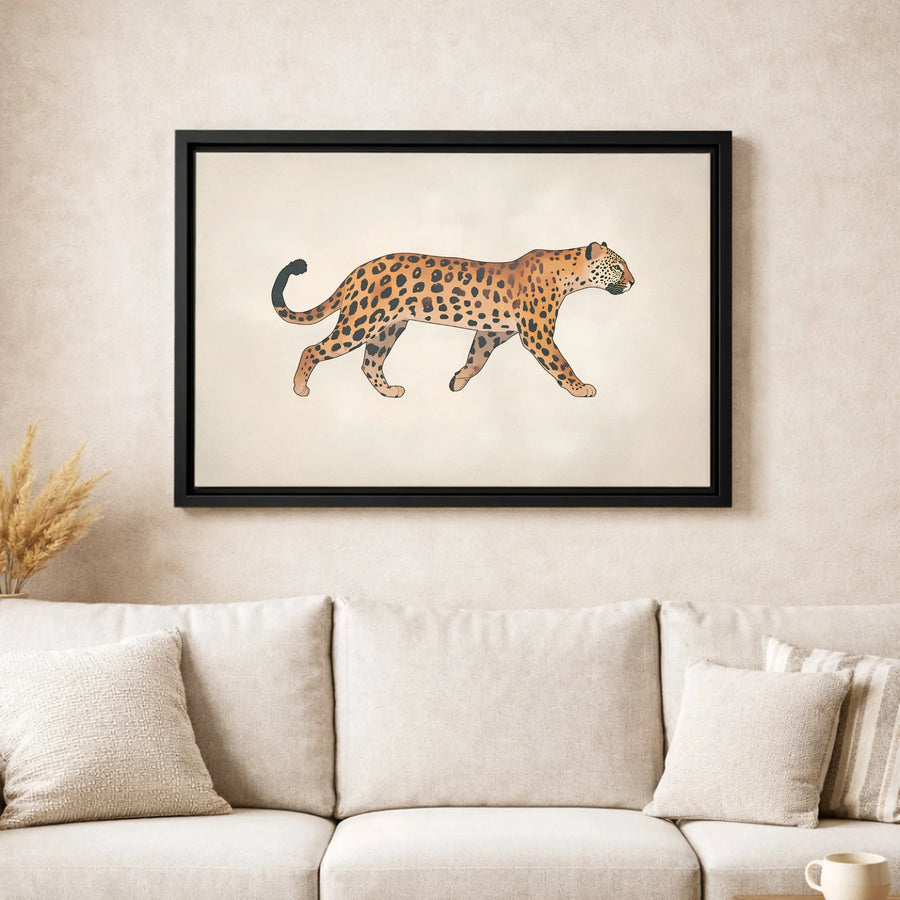 Walking Leopard Canvas Wall Art | Mid Century Modern Animal Print | Premium Gallery Wrapped | Nature Inspired Home Decor Gift