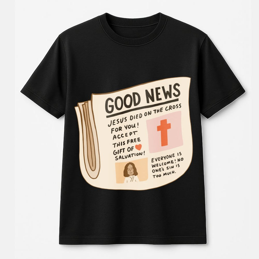 Good News Christian Graphic T-Shirt | Retro Newspaper Design | 100% Premium Cotton | Religious Faith Based Gift for Men and Women