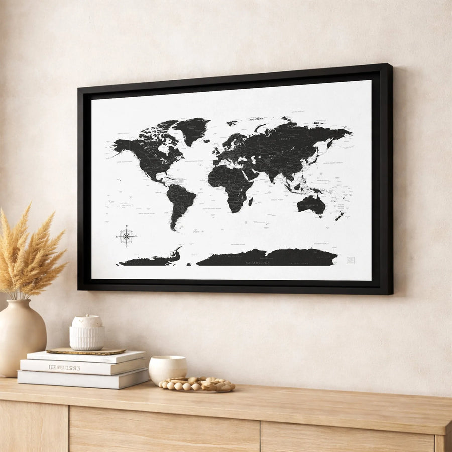 Black and White World Map Canvas Art | Modern Minimalist Geographic Print | Premium Fade-Resistant Gallery Wrap | Large Wall Decor for Office or Home