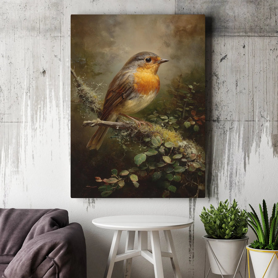 Robin Bird Canvas Print | Vintage Style Oil Painting Art | 1.25 Inch Gallery Wrap | Nature Wall Decor Gift for Bird Lovers