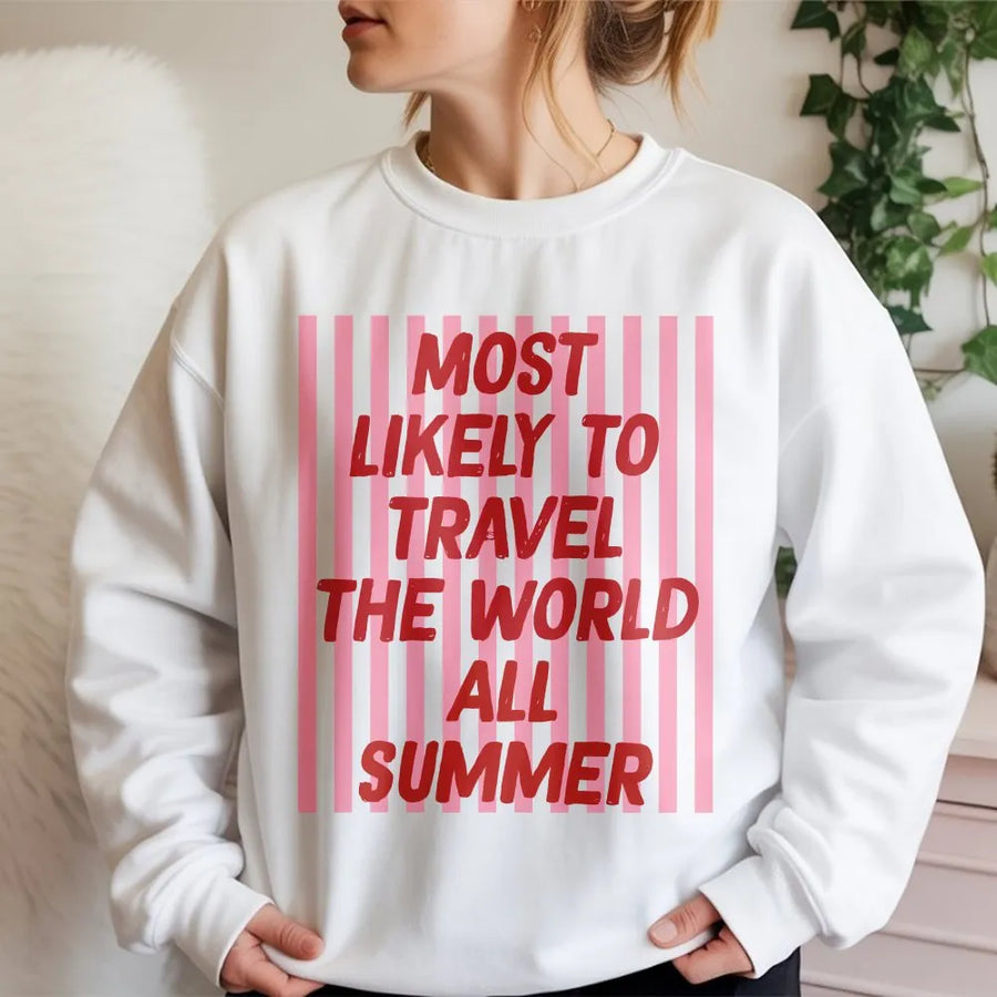 Most Likely To Travel Sweatshirt | Funny Summer Vacation Graphic Sweatshirt | Cozy Cotton Blend | Gift for World Traveler, Matching Group Trip Outfit