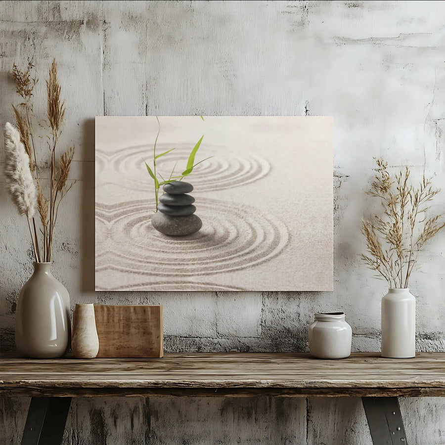 Zen Garden Canvas Wall Art | Stacked Stones and Bamboo Nature Print | 1.25” Premium Gallery Wrapped | Calming Home Decor for Office or Living Room