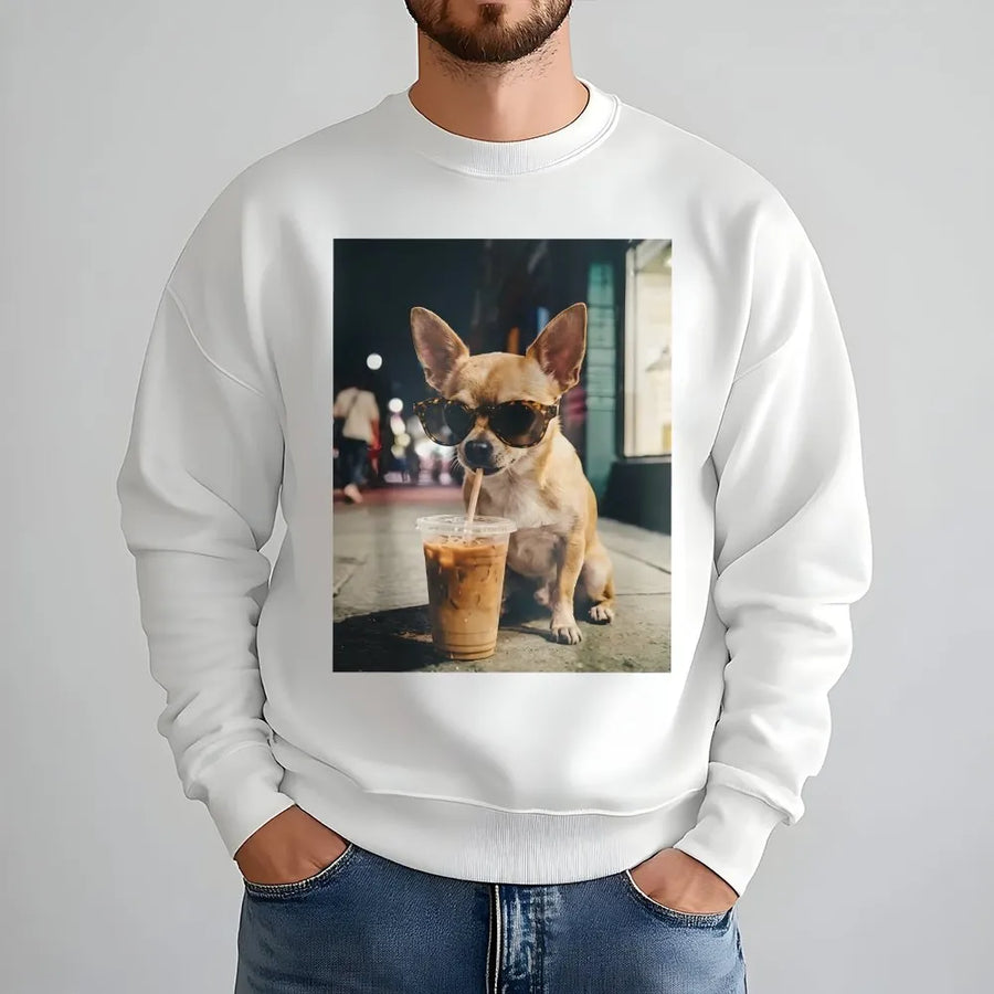 Chihuahua Sweatshirt with Sunglasses | Funny Dog Meme Graphic | Soft Unisex Crewneck | Coffee Lover & Dog Mom Gift