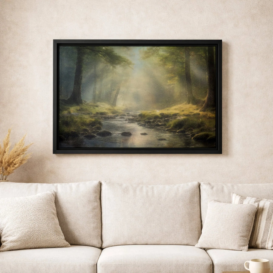 Misty Forest Landscape Canvas | Ethereal Stream Wall Art | Premium Gallery-Wrapped Print | Serene Nature Decor For Home Or Office