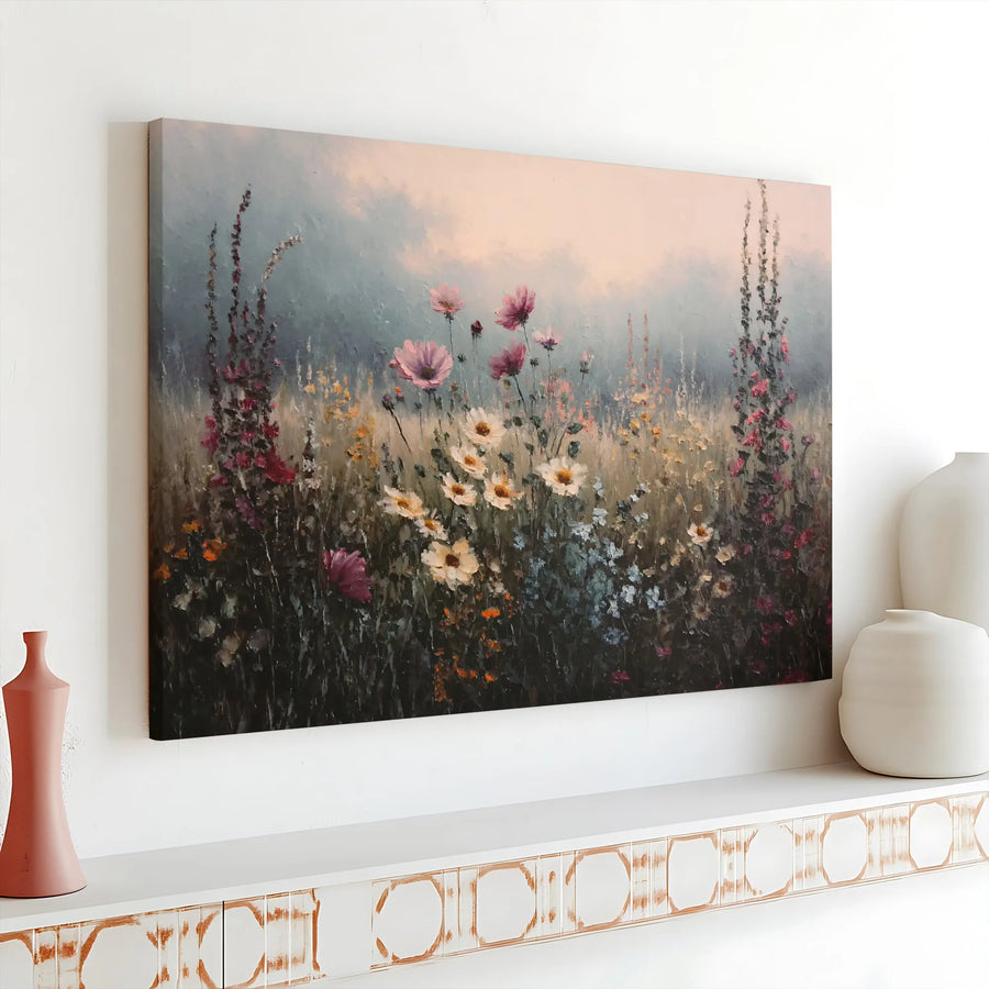 Wildflower Meadow Canvas Print | Impressionist Pink Cosmos Floral Wall Art | 1.25-Inch Gallery Wrap | Bohemian Home Decor Gift