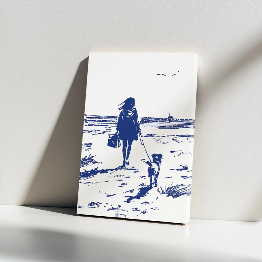 Woman Walking Dog Canvas Wall Art | Minimalist Seaside Sketch Print | Premium Thick Gallery Wrap | Modern Coastal Home Decor Gift for Dog Lovers