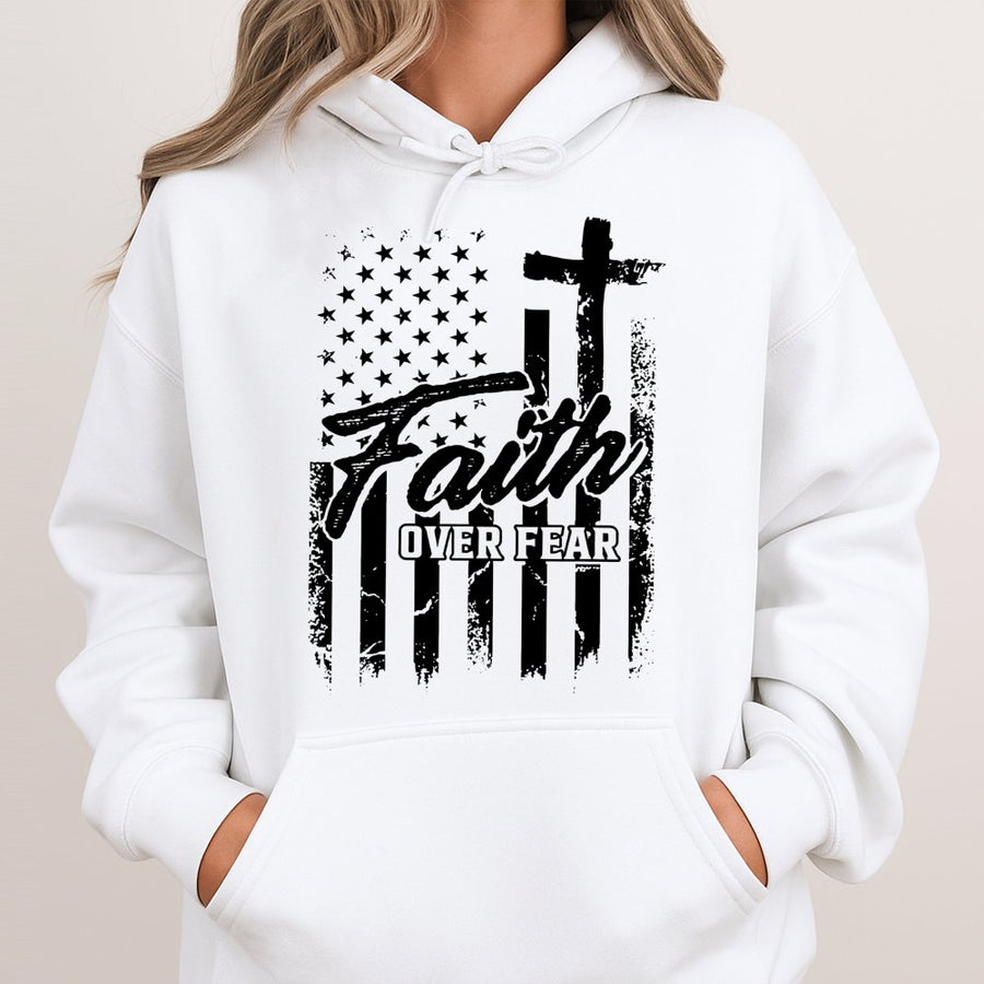 Faith Over Fear Hoodie | American Flag Christian Cross Graphic | Premium Cotton Blend | Patriotic Gift for Men and Women