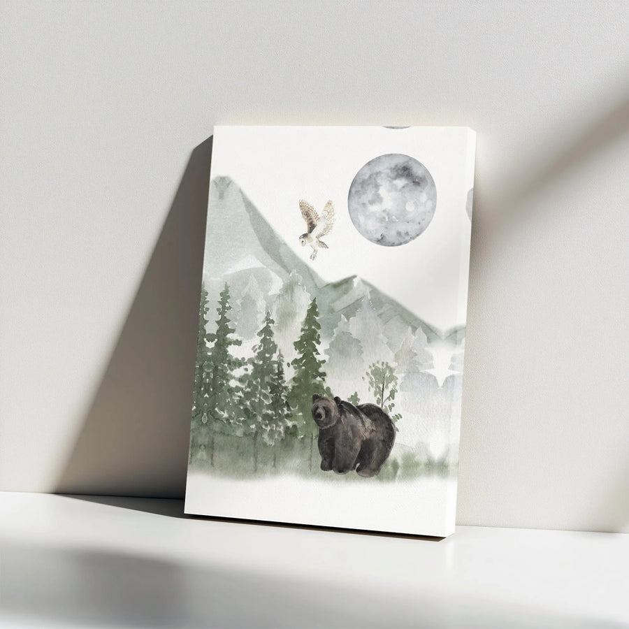 Watercolor Bear Wall Art | Mountain Forest Owl Under Full Moon | Premium Gallery Wrap Canvas | Rustic Nature Home Decor Gift