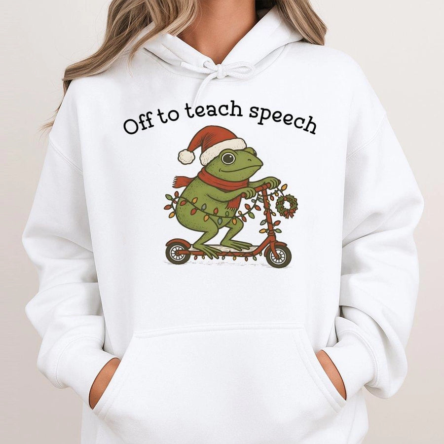 Speech Therapist Christmas Hoodie | Funny Frog on Scooter Graphic | Premium Cotton Blend | Gift for SLP Language Pathologist