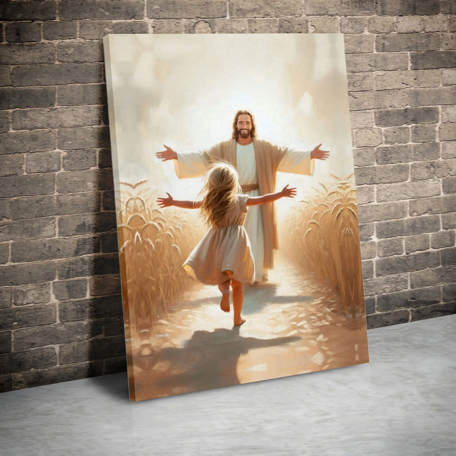 Jesus Christ and Little Girl Canvas Print | Running in Wheat Field Art | Gallery-Quality Fade-Resistant Decor | Religious Christian Gift for Home