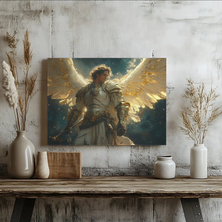 Archangel Michael Canvas Wall Art | Celestial Warrior Angel With Golden Wings | Premium 1.25-Inch Gallery Wrap | Spiritual Home Decor Gift
