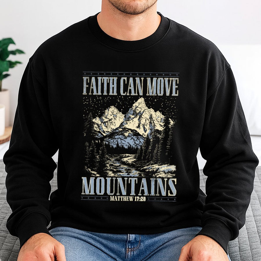 Faith Can Move Mountains Sweatshirt | Retro Mountain Graphic Bible Verse Apparel | Premium Cotton Blend | Christian Gift for Men and Women